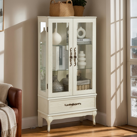52" Lighted Curio Cabinet with Drawer, Vintage Glass Curio Showcase with 3-Tier Adjustable Shelves & Mirrored Back Panel, Light Blub Included, Wooden China Cabinet with Tempered Glass Doors for Living Room, Bedroom, Dining Room