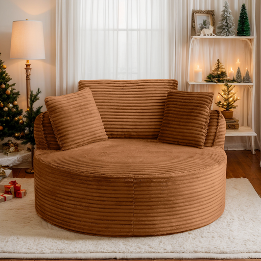 53.5" Oversized Round Chaise Lounge Chair Indoor, Comfy Corduroy Upholstered Boneless Couch with Pillow, No Assembly Required, Deep Seat Lounge Floor Compression Sofa Chair for Living Room, Apartment