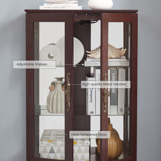 52" Lighted Curio Cabinet with Drawer, Vintage Glass Curio Showcase with 3-Tier Adjustable Shelves & Mirrored Back Panel, Light Blub Included, Wooden China Cabinet with Tempered Glass Doors for Living Room, Bedroom, Dining Room