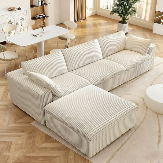 118" Corduroy Modular Sectional Boneless Sofa Couch, Oversized 3-Seater Cloud Couches with Removable Cushion & Ottoman, No Assembly Required, Free Combination, Cozy Deep Seat Compression Couches for Living Room, Apartment
