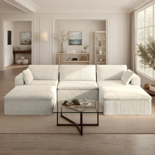 118" Corduroy Modular Sectional Boneless Sofa Couch, Oversized 3-Seater Cloud Couches with Removable Cushion & Ottoman, No Assembly Required, Free Combination, Cozy Deep Seat Compression Couches for Living Room, Apartment