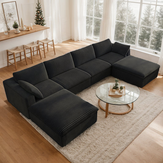 157.6" Oversized Deep Seat Upholstered Couches, Plush Corduroy Modular Sectional Sofa with Ottoman, Fluffy 4-Seater Boneless Couch for Living Room, No Assembly Required