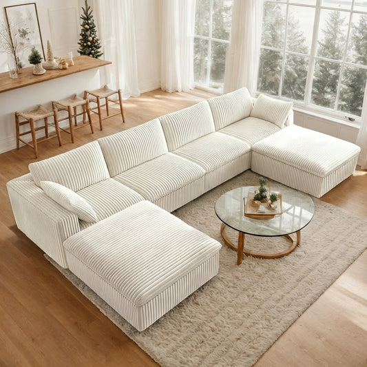 157.6" Oversized Deep Seat Upholstered Couches, Plush Corduroy Modular Sectional Sofa with Ottoman, Fluffy 4-Seater Boneless Couch for Living Room, No Assembly Required