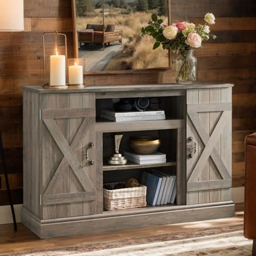 47" W Farmhouse TV Stand with Open Storage Shelves, Media Entertainment Center for TVs up to 50 Inch, Mid-Century Console Table for Living Room