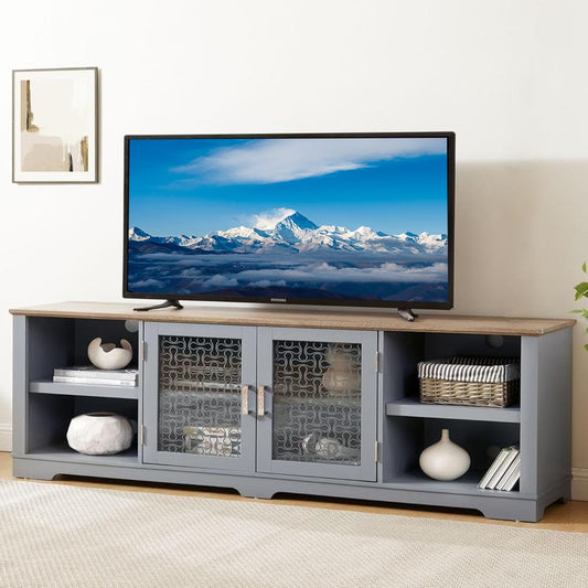 Modern Entertainment Center with Fluted Glass Doors, 70'' Wooden TV Stand for TVs Up to 80'', Adjustable Shelves, Large Home Media Console Table for Living Room