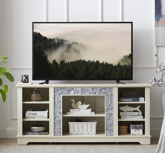 Modern TV Stand with Faux Stacked Stone, 58" W Entertainment Center with Large Storage Space, Wood Media Console Table for TVs Up to 65", Rack for Living Room