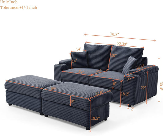 70.8" W Luxurious Corduroy Loveseat with Ottomans - Plush and Cozy Modular Sectional Sofa Set with Pillows, Rack for Cozy Reading, Compact Living Room (Gray & Two Seats)