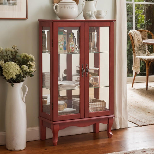 Lighted Curio Cabinet, 44" H Glass Display Cabinet with 3-Tier Adjustable Glass Shelves, China Cabinet with Mirrored Back Panel for Living Room, Light Blub Included