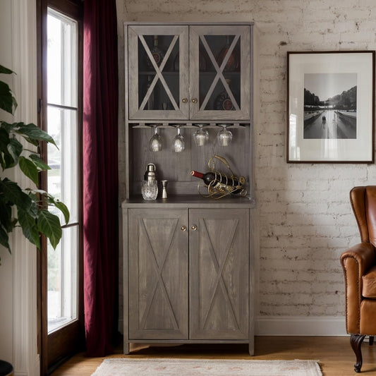 Farmhouse Bar Cabinet, 67" H Home Buffet Coffee and Wine Bar Cabinet, Buffet Sideboard with Barn Doors, Rack for Living Room, Dining Room, Kitchen