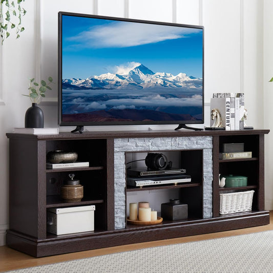 Modern TV Stand with Faux Stacked Stone, 70" W Entertainment Center with Large Storage Space, Wood Media Console Table for TVs Up to 75", Rack for Living Room