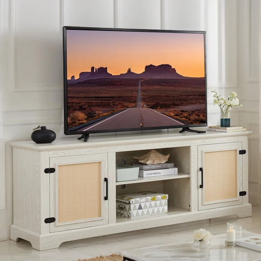 65" Mid-Century Modern TV Stand for 70" TVs, Rattan Entertainment Center with Storage Cabinets & Adjustable Shelves, Media Console for Living Room & Bedroom