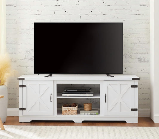 Farmhouse TV Stand with Open Shelves and Closed Storage, 65''W Modern Entertainment Center for TVs up to 70'', White Entertainment Console Table for Living Room