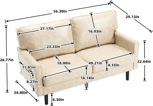 Mid Century Deep Seat Sofa for Living Room, 56" W Loveseat Sofa, 2-Seat Comfy Cloud Couch, USB & Type-C Port, Modern Sofa for Office, Apartment (PU Leather, Camel)