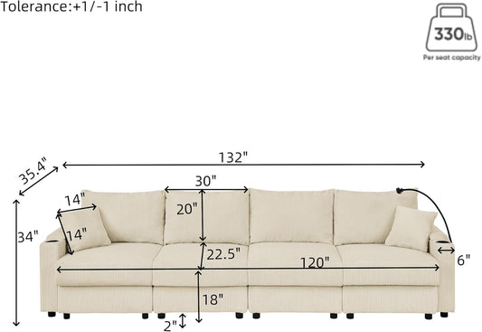 132" W Modular Sofa Couch with Storage Armrest, Corduroy 4-Seater Couch with Cup Holders & Phone Holder, Medium-Soft, Comfy Deep Seat for Living Room, Office (Beige, 4-Seater)