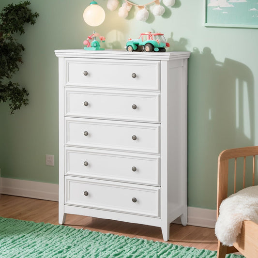 White Dresser, 5 Drawer Dresser, Modern Tall Nightstand with Deep Drawers, Wood Organizer Drawer Cabinet Textured Borders Living Room, Hallway
