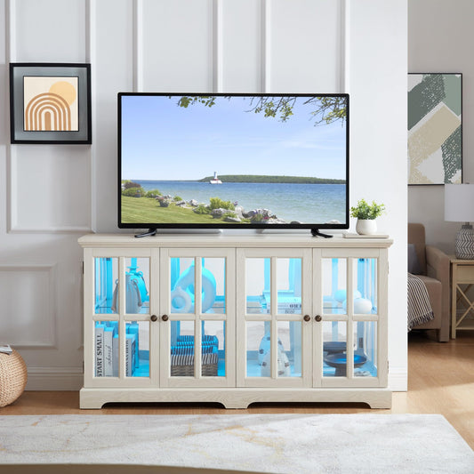 59" W LED Curio Cabinet, Vintage Glass Display Cabinet with 4 Glass Doors and Adiustable Shelves, Wooden China Case with Smartphone-Controlled for Living Room