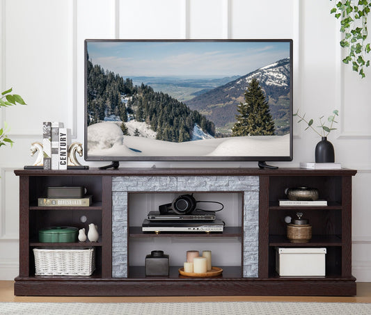Modern TV Stand with Faux Stacked Stone, 70" W Entertainment Center with Large Storage Space, Wood Media Console Table for TVs Up to 75", Rack for Living Room