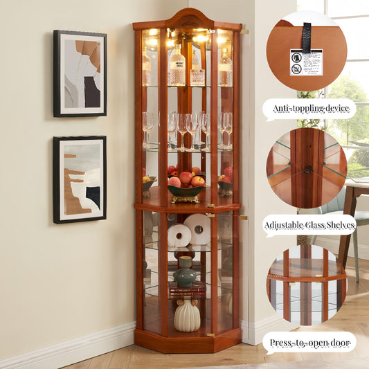 Corner Curio Cabinet, 72" H Lighted Glass Display Cabinet with 6 Adjustable Shelves, China Cabinet with Tempered Glass Doors, Light Blub Included, Rack for Living Room