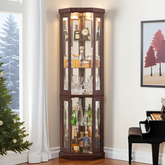 Corner Curio Cabinet, 70"H Lighted Glass Display Cabinet with Adjustable Shelve, Tempered Glass Doors, Bulb Inclued, Wooden China Cabinet for Living Room
