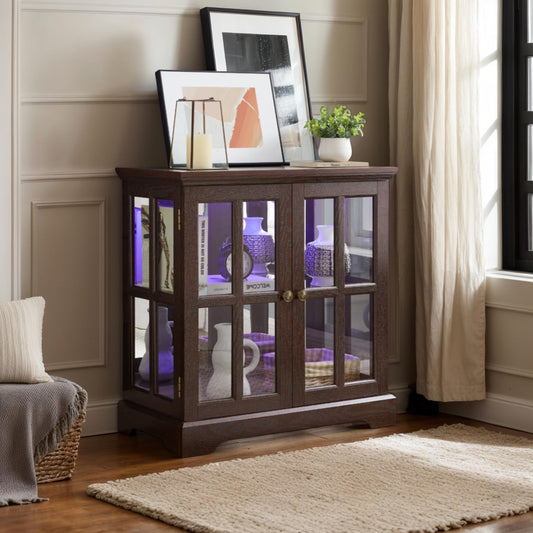 32" H LED Antique Curio Cabinet with Smartphone-Controlled, Lighted Glass Display Cabinet - Retro Lattice Door Showcase, Elegant Adjustable Shelves for Living Room