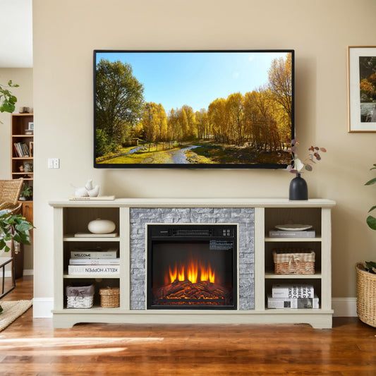 58" W TV Stand with Fireplace, Faux Stacked Stone Surround, Wooden Entertainment Center with 18'' Electric Fireplace, TV Console Table for Living Room