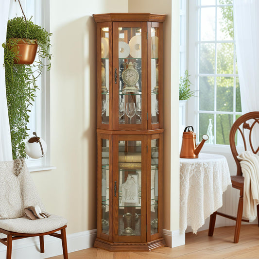 Corner Curio Cabinet, 70" H Glass Display Cabinet with 6 Tempered Adjustable Glass Shelves and Doors, China Cabinet Include Light Bulb, Rack for Living Room