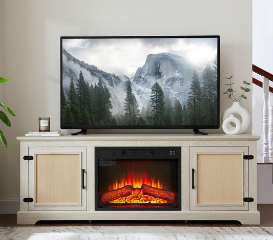 65" W Mid-Century TV Stand with Fireplace, Rattan Media Console Table for TVs Up to 75 inch, Wooden Entertainment Center for Living Room