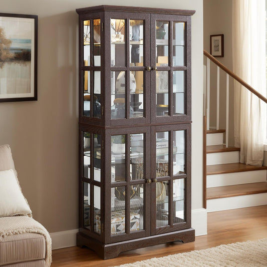 Glass Display Cabinet, 69" H Curio Cabinet with Adjustable Shelves and 4 Glass Doors, Light Bulb Included, Elegant Antique Showcase, Rack for Living Room/Home Office