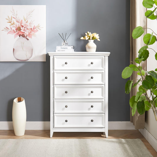 White Dresser, 5 Drawer Dresser, Modern Tall Nightstand with Deep Drawers, Wood Organizer Drawer Cabinet Textured Borders Living Room, Hallway