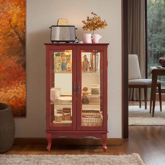 Lighted Curio Cabinet, 44" H Glass Display Cabinet with 3-Tier Adjustable Glass Shelves, China Cabinet with Mirrored Back Panel for Living Room, Light Blub Included