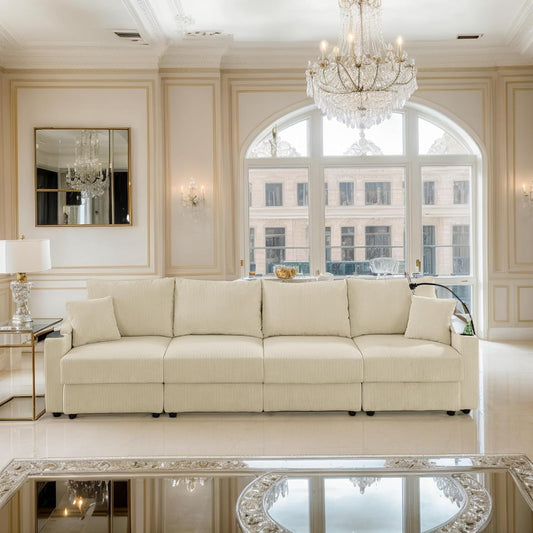 132" W Modular Sofa Couch with Storage Armrest, Corduroy 4-Seater Couch with Cup Holders & Phone Holder, Medium-Soft, Comfy Deep Seat for Living Room, Office (Beige, 4-Seater)