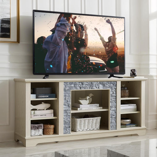Modern TV Stand with Faux Stacked Stone, 58" W Entertainment Center with Large Storage Space, Wood Media Console Table for TVs Up to 65", Rack for Living Room