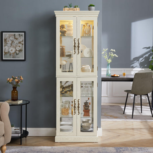 Curio Cabinet 71" Lighted Glass Display Cabinet, Wooden China Cabinet with 6 Adjustable Shelves, Tempered Glass Doors, Light Bulb Included, Rack for Living Room