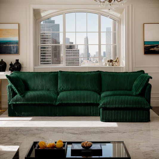 120" L Shape Sectional Couches for Living Room, 3-Seater Comfy Modular Sofa Couch with Removable Ottoman, 2 Big Pillows, Oversized Corduroy Sofa for Apartment