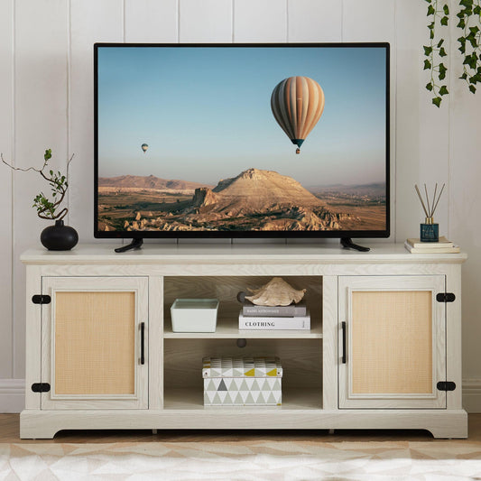 65" Mid-Century Modern TV Stand for 70" TVs, Rattan Entertainment Center with Storage Cabinets & Adjustable Shelves, Media Console for Living Room & Bedroom