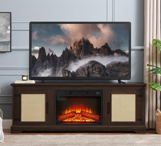 65" W Mid-Century TV Stand with Fireplace, Rattan Media Console Table for TVs Up to 75 inch, Wooden Entertainment Center for Living Room