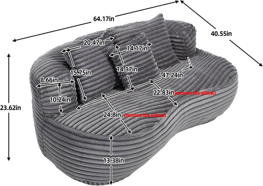 Bean Bag Sofa, 64'' W Large Lounger Lazy Loveseat Chair with 2 Pillows & Wrap-Around Backrest, Chenille Fabric Accent Floor Soft Lounge Chair for Living Room/Bedroom (Dark Gray & Style 3)