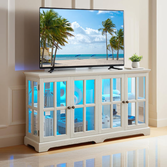 59" W LED Curio Cabinet, Vintage Glass Display Cabinet with 4 Glass Doors and Adiustable Shelves, Wooden China Case with Smartphone-Controlled for Living Room