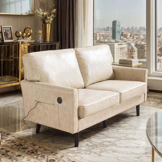 Mid Century Deep Seat Sofa for Living Room, 56" W Loveseat Sofa, 2-Seat Comfy Cloud Couch, USB & Type-C Port, Modern Sofa for Office, Apartment (PU Leather, Camel)