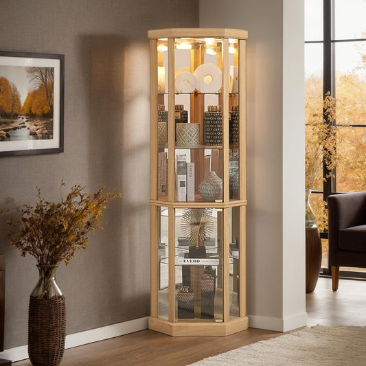 70" H Lighted Corner Curio Cabinet, Glass Display Cabinet with Tempered Glass Door and 5 Shelves, Light Bulb Included, Rack for Living Room