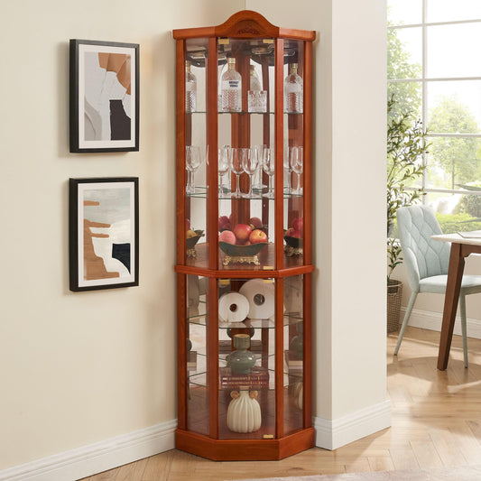 Corner Curio Cabinet, 72" H Lighted Glass Display Cabinet with 6 Adjustable Shelves, China Cabinet with Tempered Glass Doors, Light Blub Included, Rack for Living Room