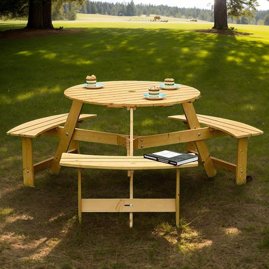 6 Person Wood Picnic Table, Outdoor Round Picnic Table with 3 Built-in Benches, Umbrella Hole, Outside Table and Bench Set for Patio, Backyard, 500lbs Capacity Per Bench