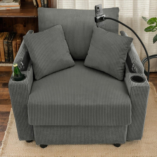 42" W Corduroy Accent Chair with Storage Armrest, Comfy Living Room Chair with Two Cup Holders, Oversized Reading Chair with A Phone Holder, Rack for Living Room (Gray, No Ottoman)
