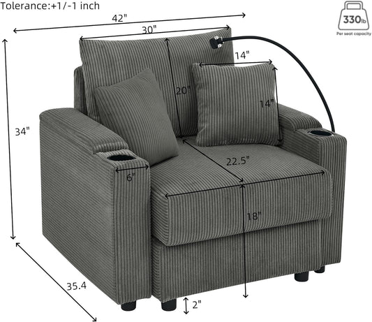 42" W Corduroy Accent Chair with Storage Armrest, Comfy Living Room Chair with Two Cup Holders, Oversized Reading Chair with A Phone Holder, Rack for Living Room (Gray, No Ottoman)