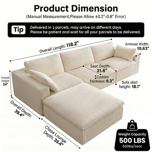 118" Corduroy Modular Sectional Boneless Sofa Couch, Oversized 3-Seater Cloud Couches with Removable Cushion & Ottoman, No Assembly Required, Free Combination, Cozy Deep Seat Compression Couches for Living Room, Apartment