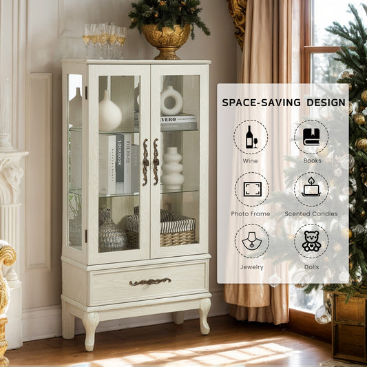 52" Lighted Curio Cabinet with Drawer, Vintage Glass Curio Showcase with 3-Tier Adjustable Shelves & Mirrored Back Panel, Light Blub Included, Wooden China Cabinet with Tempered Glass Doors for Living Room, Bedroom, Dining Room