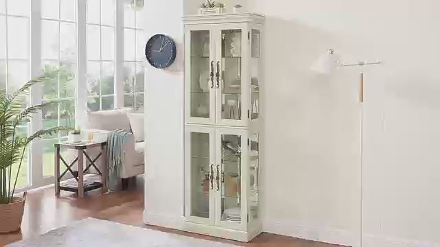 Curio Cabinet 71" Lighted Glass Display Cabinet, Wooden China Cabinet with 6 Adjustable Shelves, Tempered Glass Doors, Light Bulb Included, Rack for Living Room