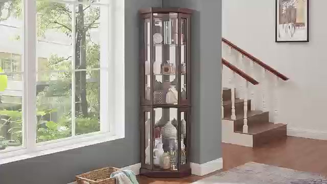 Corner Curio Cabinet, 70"H Lighted Glass Display Cabinet with Adjustable Shelve, Tempered Glass Doors, Bulb Inclued, Wooden China Cabinet for Living Room