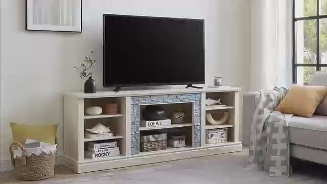 Modern TV Stand with Faux Stacked Stone, 70" W Entertainment Center with Large Storage Space, Wood Media Console Table for TVs Up to 75", Rack for Living Room