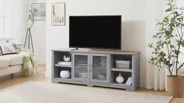 Modern Entertainment Center with Fluted Glass Doors, 70'' Wooden TV Stand for TVs Up to 80'', Adjustable Shelves, Large Home Media Console Table for Living Room